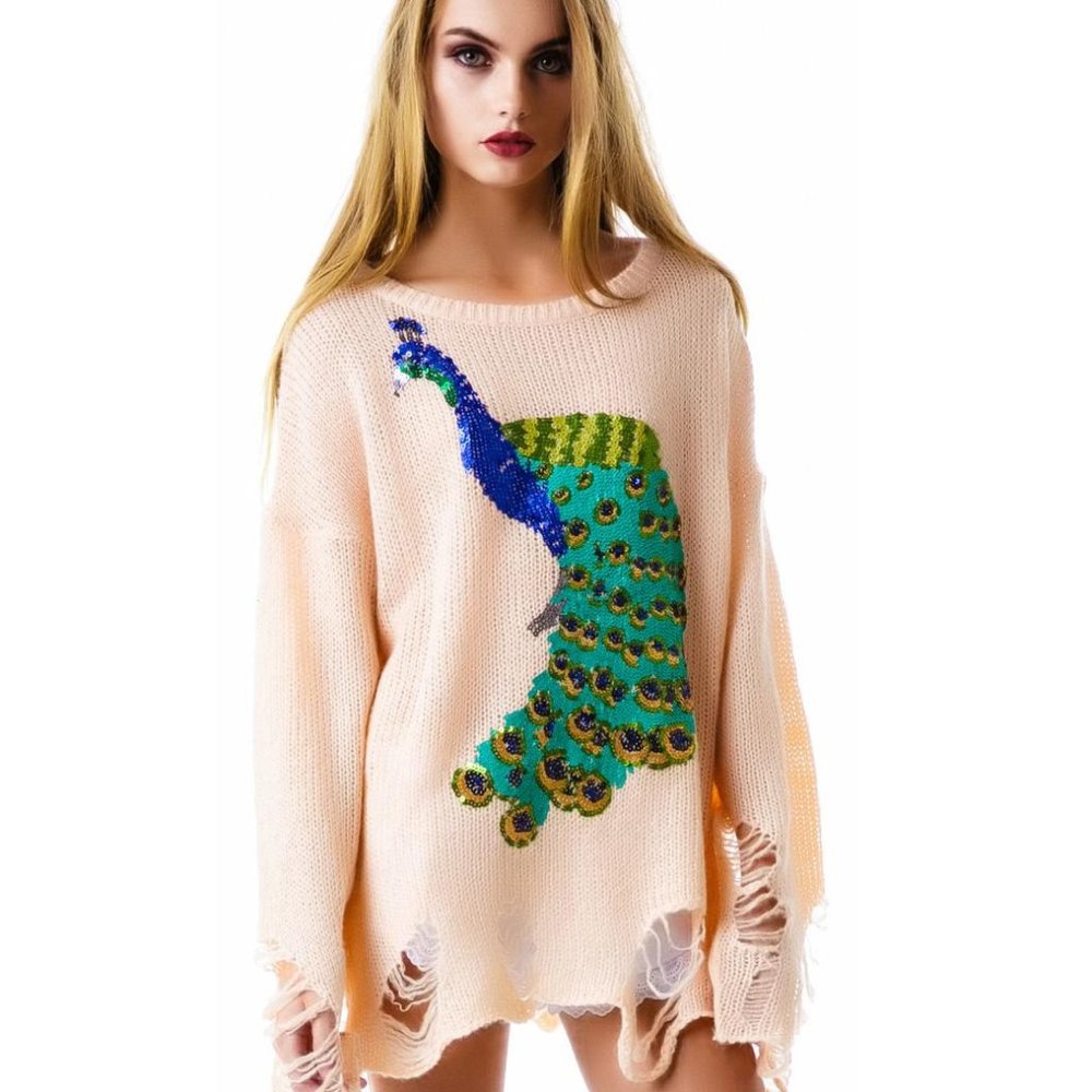 Wildfox Sequin Peacock Lennon Sweater, Baby, XS